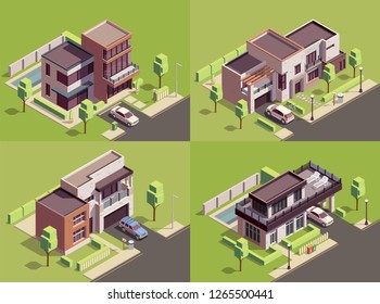 Suburbian buildings isometric 2x2 compositions set with four landmarks residential yards landscapes with modern villa houses vector illustration