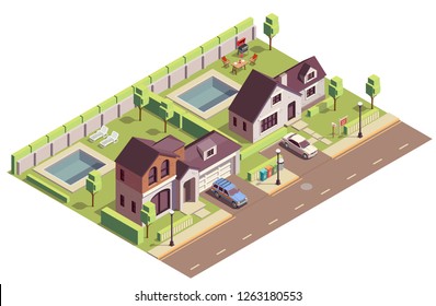 Suburbian buildings isometric composition with outdoor view of two neighbourhood areas with villas and residential yards vector illustration