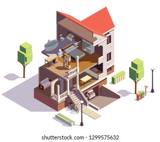 Suburbian buildings isometric composition with profile view of villa residential building with overview of living rooms vector illustration