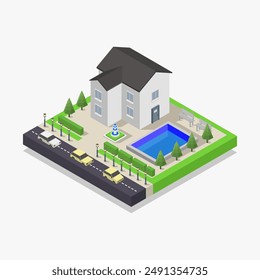 Suburbian isometric villa illustrated on background