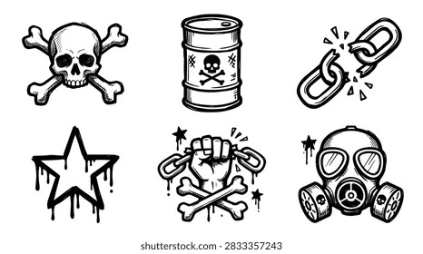 Subversive streetwear graphic design elements set with edgy cyber punk symbols, barbed wire frames, tribal shapes, and modern urban poster graphics isolated on a white background.