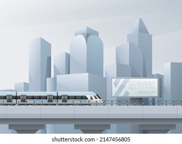 Subway Advertising Mockup Realistic Background With Metro Train And Cityscape Vector Illustration