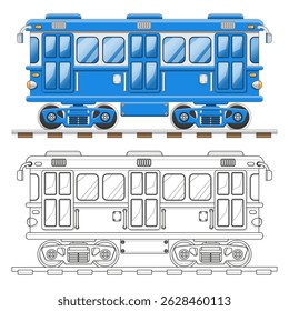 Carro de metrô. Coloração. Vista lateral. Isolado em um fundo branco. Ilustração vetorial.