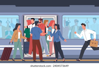 Subway car crowded with people during rush hour. Underground city transport. Men, women and kids in railway commuter. Waiting for train to arrive. Cartoon flat isolated vector concept