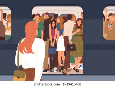 Subway Car Crowded With People In Rush Hour. Woman Failed To Enter Last Carriage Of Departing Train And Standing On Platform. Overcrowded Underground Or Metro. Colored Flat Vector Illustration