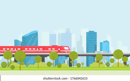 Subway and city on background. Park with trees and bushes. City train outdoor. Flat style vector. On background business city center with skyscrapers. Green park vegetation in center of big town.