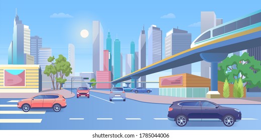 U-Bahn-Stadtbahn, Vektorgrafik. Cartoon 3d Stadpanoramabildung mit modernen Wolkenkratzern, öffentlichen U-Bahn-Zügen auf der Eisenbahnbrücke, leerer Kreuzung und Autos auf der Straße