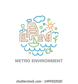 Subway cityscape. Monorail metro design in megapolis futuristic panorama. Environmental city sea, boat or ship, sky, tree, sun, etc. vector line concept illustration