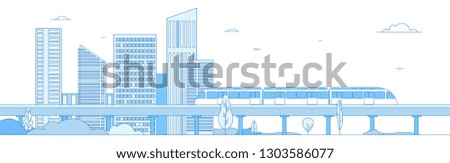 Subway cityscape. Monorail metro train in megapolis futuristic panorama. Underground transportation vector line concept