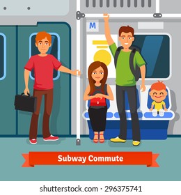 Subway commute. Young people, man and woman with kid sitting and standing in a subway train car. Flat style vector illustration.