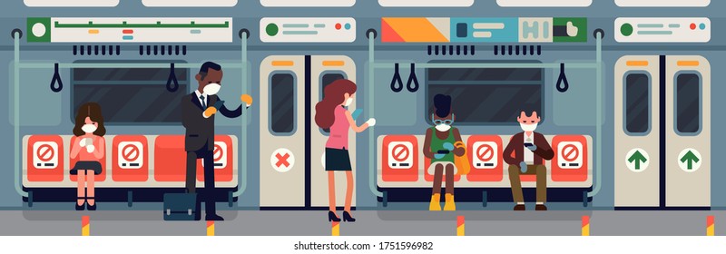 Subway commuters during coronavirus pandemic safety measures campaign. Underground train car with 'Do not sit here' stickers and other social distancing markers 