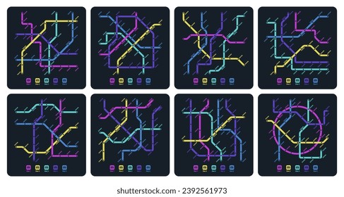 Mapa oscuro del metro. Mapa del metro de la estación de metro subterránea con la dirección de la ruta y el número de trenes. Ilustración de la estación de metro de Vector