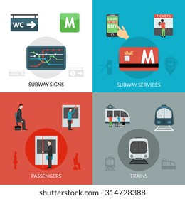 Subway design concept set with passenger and trains flat icons isolated vector illustration