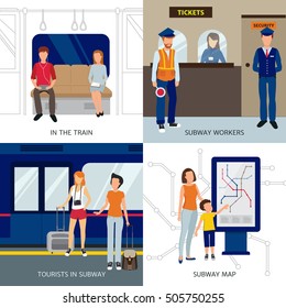 Subway design concept with workers tourists and people in train flat isolated vector illustration
