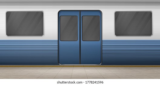 Subway door, metro train on empty station platform with tiled floor, underground carriage exterior with closed doorway and windows. Metropolitan railroad, railway. Realistic 3d vector illustration