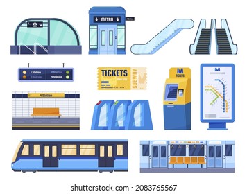 Subway element infographic set vector flat illustration. Modern public transportation collection stairs, entrance, escalator, station, ticket, atm, scheme, indoor and outdoor railway carriage isolated