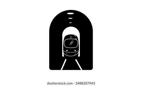 Subway emblem, train in a tunnel, black isolated silhouette