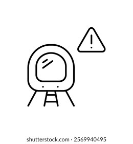 Subway and hazard alert symbol. Exclamation mark in triangle. Transit system safety warning, accident emergency notification. Passenger risks and security. Pixel perfect vector icon