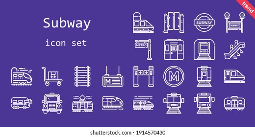 conjunto de iconos del subterráneo. estilo de icono de línea. íconos relacionados con el metro, tales como autobús, escaladora, tornos, metro, metro, metro, tren, tranvía, torniquetes, tren, transporte