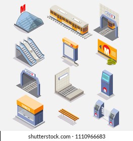 Subway icon set. Vector flat isometric illustration of metro underground items such as subway train, tunnel, subway platform, station, escalator, entrance gate or turnstile, ticket machine etc.