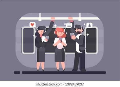 Subway inside with people man and waman. Urban metro vector concept. Illustration of metro platform, underground station with passenger people 