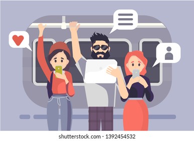 Subway inside with people man and waman. Urban metro vector concept. Illustration of metro platform, underground station with passenger people 