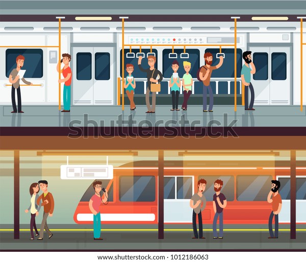 地下鉄の中に人と男と女が入る メトロ プラットホームと内装列車 都市のメトロのベクター画像コンセプト 地下鉄ホーム 旅客駅のイラスト のベクター画像素材 ロイヤリティフリー
