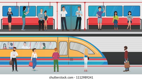 Subway inside with people and metro platform with train in underground station. Urban metro vector concept with passengers.