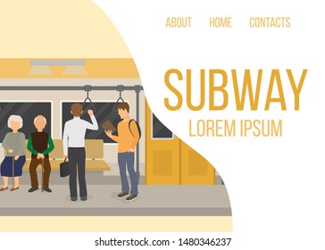 Subway inside with people, old couple and man vector web template. Metro and train interior. Urban subway. Illustration of metro and underground station with passenger people.