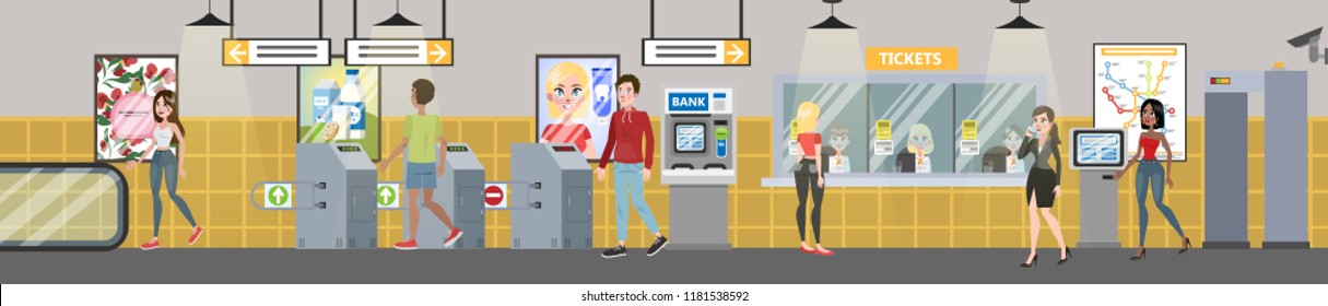 Subway interior with counter and entrance. Passengers buying tickets and going through the entrance. Vector flat illustration