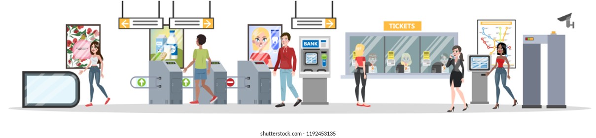 Subway interior with counter and entrance. Passengers buying tickets and going through the entrance. Vector flat illustration