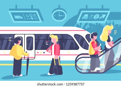 Subway interior with people train and escalator. Station with metro train underground platform and moving staircase flat style concept vector illustration. Tube railway transport