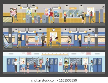 Subway interior with train and railway. Passengers buying tickets, waiting for transport and sitting in the train. Vector flat illustration