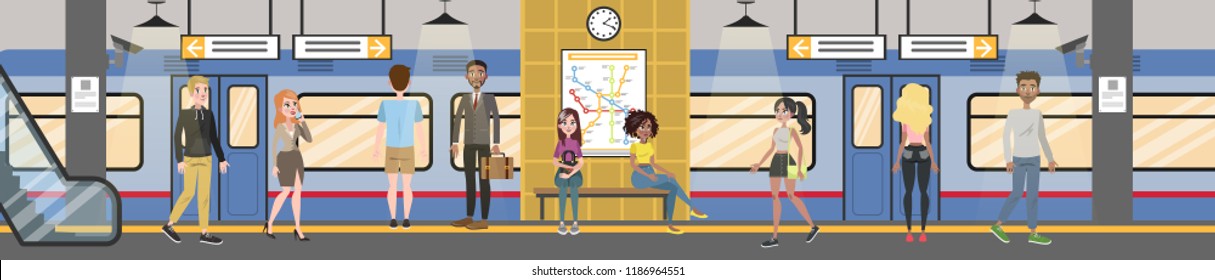 Subway interior with train and railway. Passengers in metro with tickets, waiting for transport and sitting in the train. Vector flat illustration