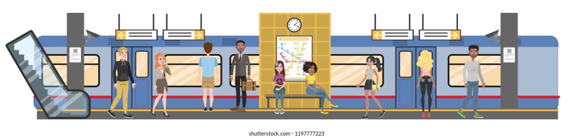 Subway interior with train and railway. Passengers in metro with tickets, waiting for transport and sitting in the train. Vector flat illustration