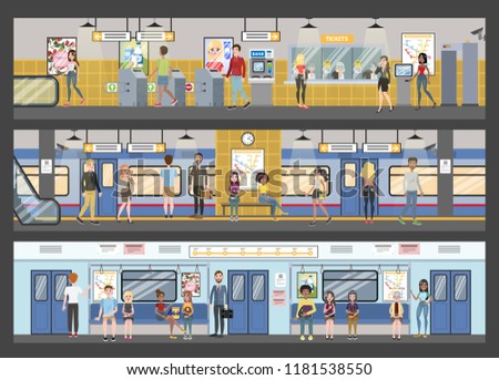 Subway interior with train and railway. Passengers buying tickets, waiting for transport and sitting in the train. Vector flat illustration