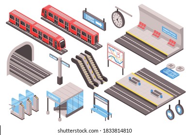 Subway isometric set with metro transportation symbols isolated vector illustration