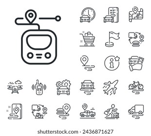 Subway journey path sign. Plane, supply chain and place location outline icons. Metro line icon. Underground train location symbol. Metro line sign. Taxi transport, rent a bike icon. Vector