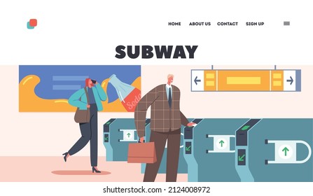 Subway Landing Page Template. People Going Through Turnstile, Male and Female Passengers Scan Train Tickets at Automatic Gate in Metro. Characters Use Public Transport. Cartoon Vector Illustration