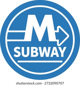 Subway M letter logo vector icon. A stylized white "M" combined with a directional arrow and "SUBWAY" text on a blue circular background, representing rapid public transportation and urban transit.