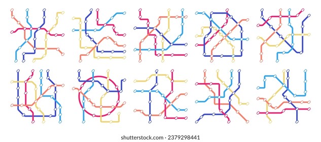 Untergrundkarte eingestellt. U-Bahn-Verbindung und -Richtung mit U-Bahn, öffentliche Verkehrsmittel und Bahnhof. Vektorgrafik der U-Bahn-Karte