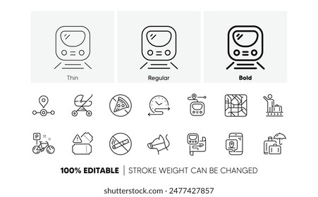Subway map, Station location, Metro rules. Underground line icons. Dog on leash, Apple core, No smoking outline icons. Underground tickets, No alcohol drink, food at metro. Baby carriage place. Vector