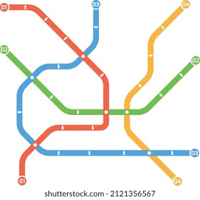 Subway map template with colorful metro routes. Underground transport path lines