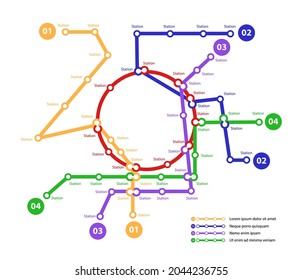 Subway map. Template of fictional town public transport scheme for underground transition road. Metro or bus abstract traffic pattern with circular color routes. Vector card illustration for design.