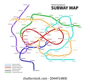 Subway map. Template of fictional town public transport scheme for underground transition road. Vector illustration of metro or bus abstract traffic pattern with circular infinite sign color routes.