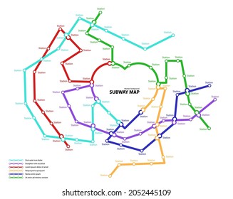 Subway map. Template of fictional town public transport scheme for underground transition road. Metro or bus abstract traffic pattern with circular heart shape color routes. Vector card illustration.