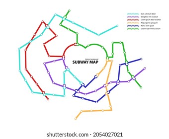 Mapa del metro. Plantilla de un plan de transporte público de ciudad ficticio para la vía de transición subterránea. Patrón de tráfico abstracto de metro o autobús con rutas de color circular de forma cardíaca. Ilustración de la tarjeta vector.