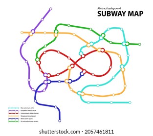 Mapa del metro. Plantilla de un plan de transporte público de ciudad ficticio para la vía de transición subterránea. Ilustración vectorial del patrón de tráfico abstracto de metro o bus con rutas de color de signo infinito circular.