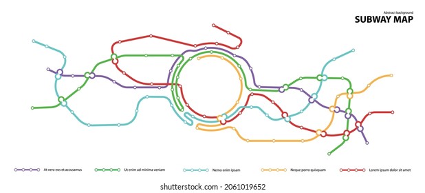 Subway map. Template of fictional town public transport scheme for underground transition road. Metro or bus abstract traffic pattern with circular color routes. Vector card illustration for design