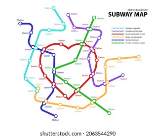 Subway map. Template of fictional town public transport scheme for underground transition road. Metro or bus abstract traffic pattern with circular heart shape color routes. Vector card illustration.